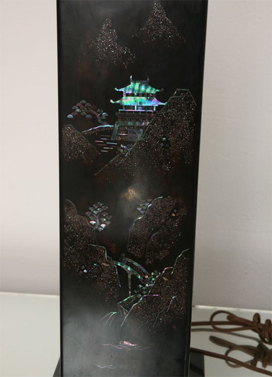 Pair of 50's Black Lacquer & Mother-of-Pearl Lamps 3