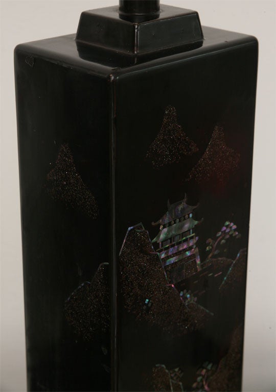 Pair of 50's Black Lacquer & Mother-of-Pearl Lamps 6