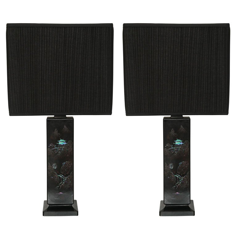 Pair of 50's Black Lacquer & Mother-of-Pearl Lamps