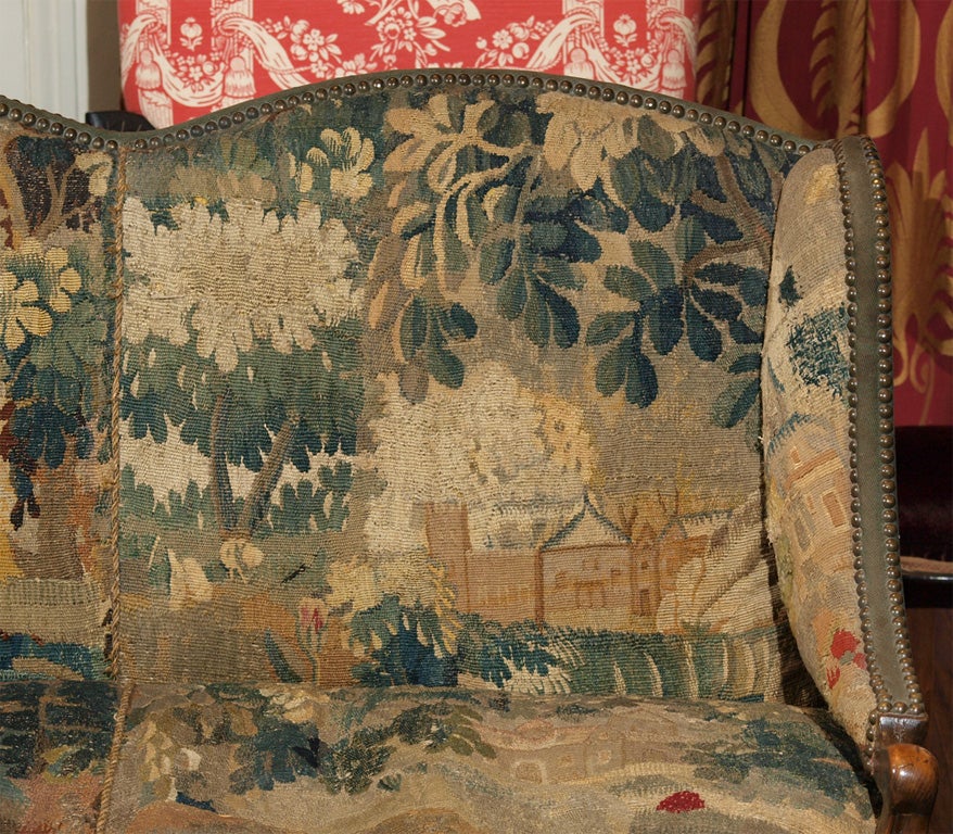 18TH C WALNUT SETTEE W/ 17TH C TAPESTRY COVER