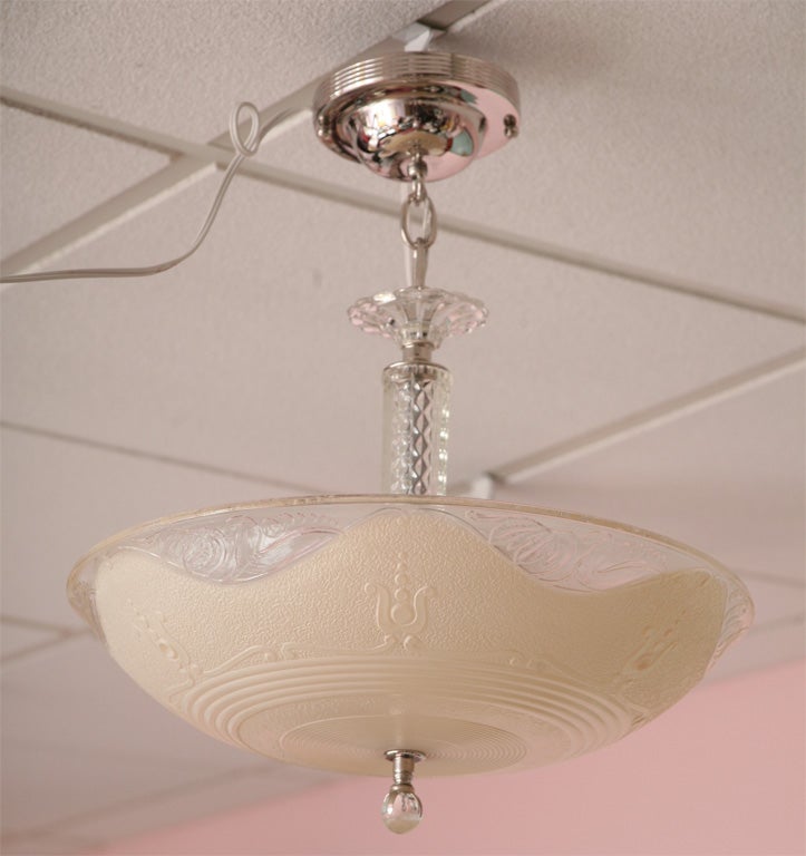 French deco chandelier spectacular very detailed design elegant great pink shade. Rewired refinished in nickel.