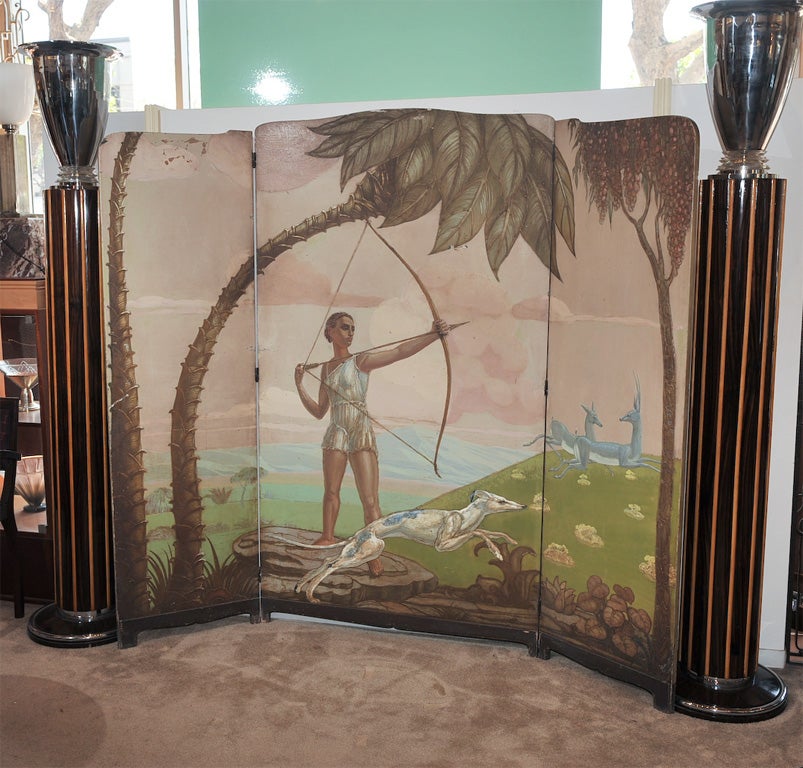 Argentine Painting Lacquered Wood Panel Art Deco Diana The Huntress Mural