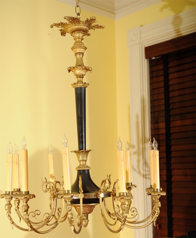 Ten-light chandelier - excellent copy of a Louis XVI style French chandelier - beautiful combination of black patination and gold wash - part of the cafe society look of the early 20th Century, probably originally had black parchment shades.