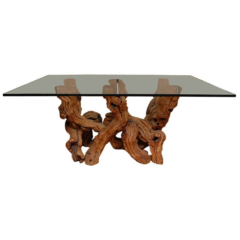 CONCEPTUAL CYPRESS WOOD DINING TABLE BASE W/GLASS TOP