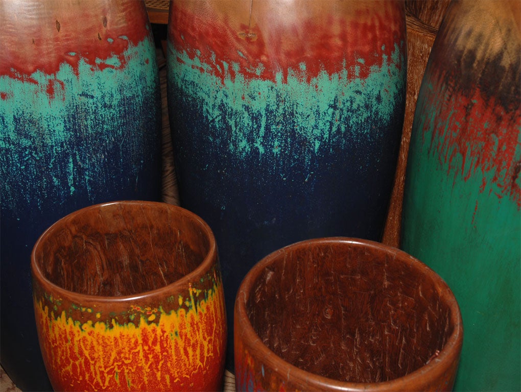 Indonesian Teak Wooden Cylinders/ Ceremonial Painted Drum Bases