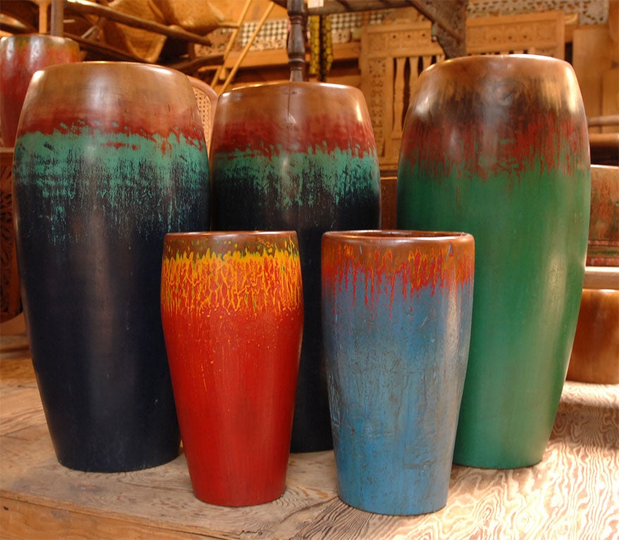 Teak Wooden Cylinders/ Ceremonial Painted Drum Bases 2