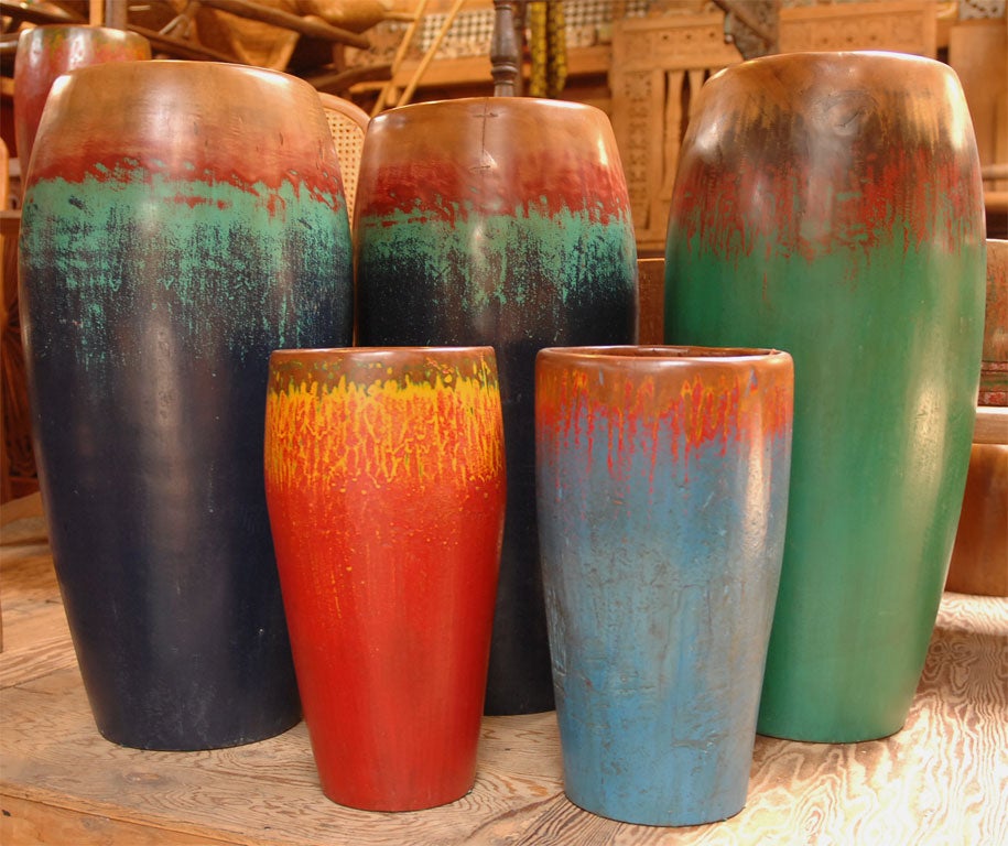 Teak Wooden Cylinders/ Ceremonial Painted Drum Bases 3