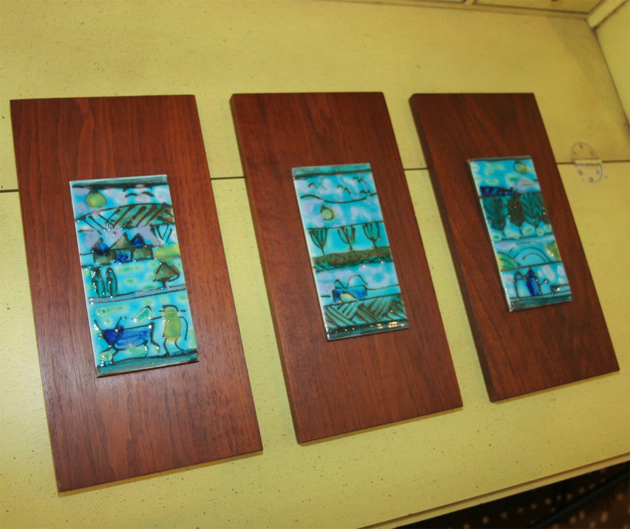 American Set of Three Hand Glazed Tiles by Harris G. Strong