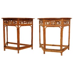 Antique PAIR OF BAMBOO DEMILUNE TABLES