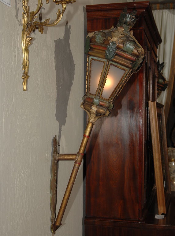 Metal Pair of Venetian Gilt Heightened Tole Gondola Lanterns