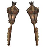 Pair of Venetian Gilt Heightened Tole Gondola Lanterns