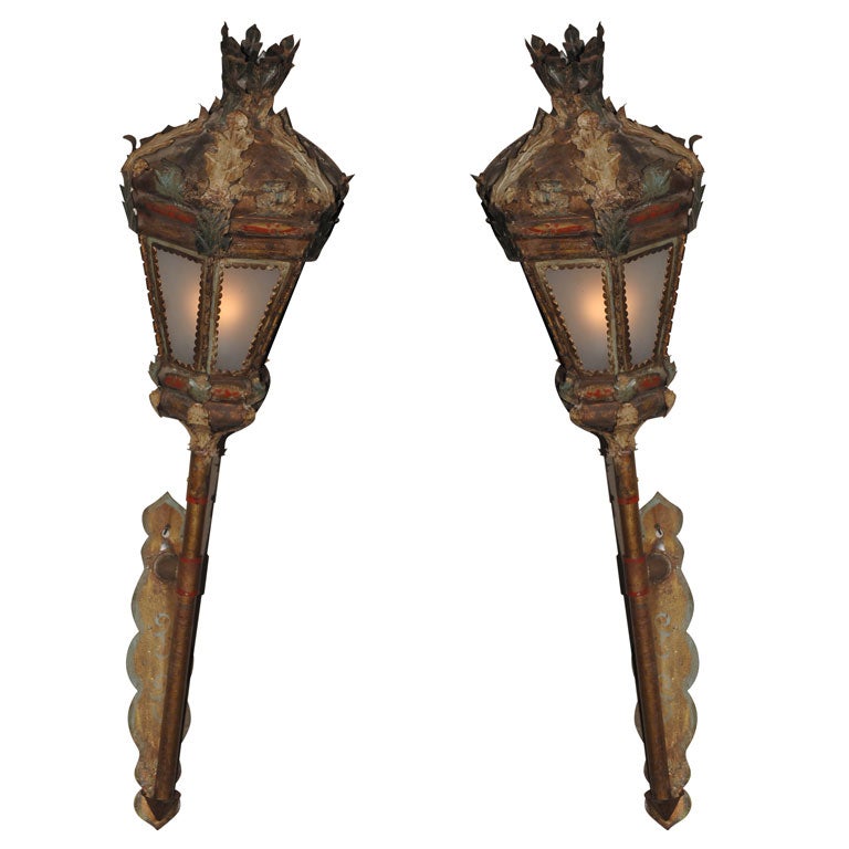 Pair of Venetian Gilt Heightened Tole Gondola Lanterns