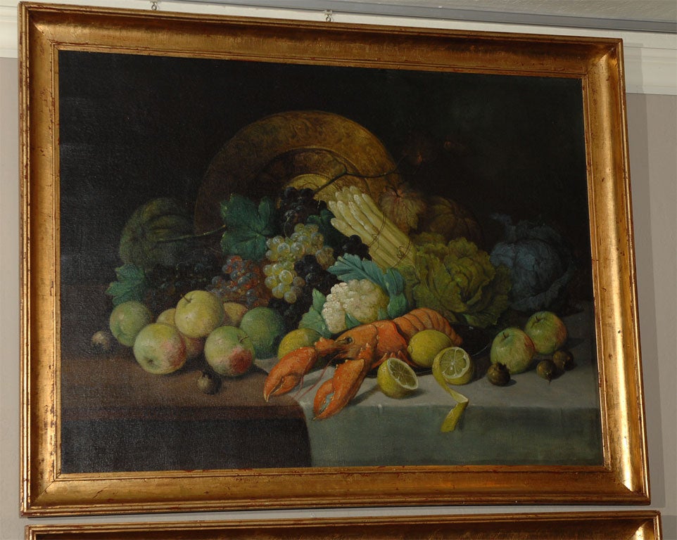 Continental Oil on Canvas Still Life Painting of Fruit & Seafood