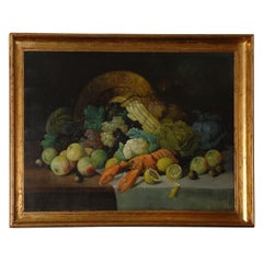 Vintage Continental Oil on Canvas Still Life Painting of Fruit & Seafood