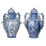 INCREDIBLE PAIR OF 18thC FAIENCE LIDED JARS
