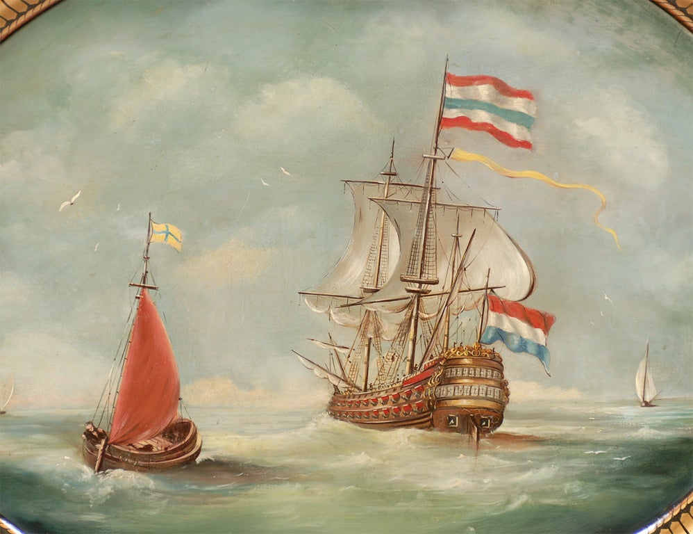 English Papier Mache Tray with Ship Scene