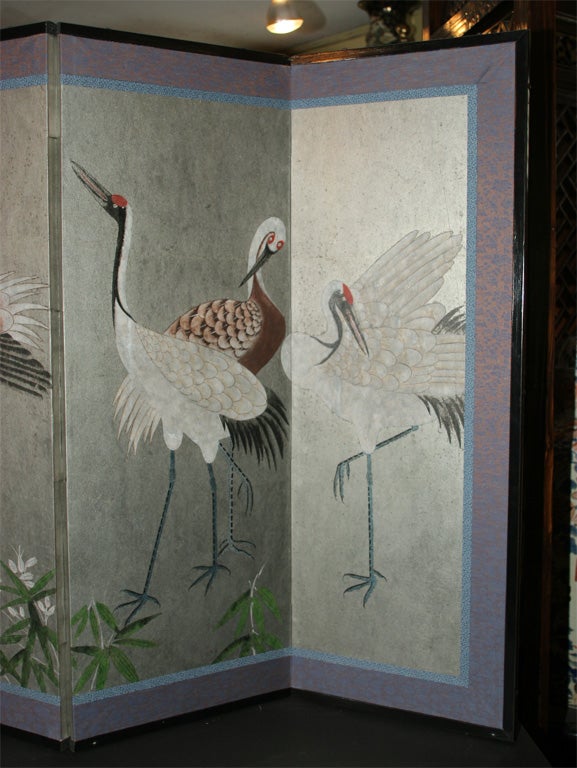 Japanese style six panel paper screen crane birds silver leaf