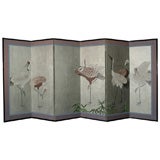 Japanese style six panel paper screen crane birds silver leaf