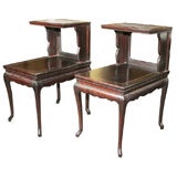 Pair of antique stone top Chinese end side tables in black wood