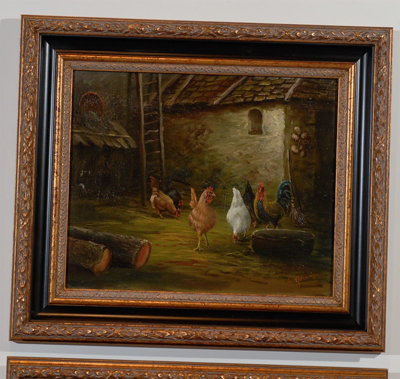 French 19th Century Bucolic Oil on Canvas Painting with Chickens and Roosters In Good Condition In Atlanta, GA