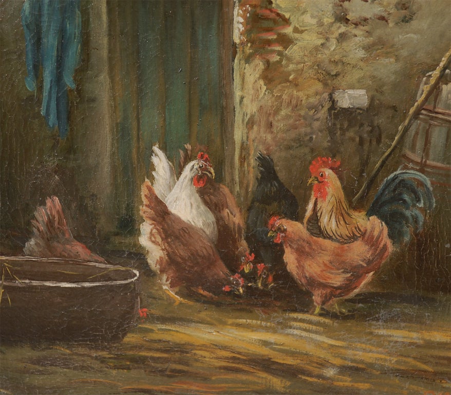 French 19th Century Bucolic Oil on Canvas Painting with Chickens and Roosters 2