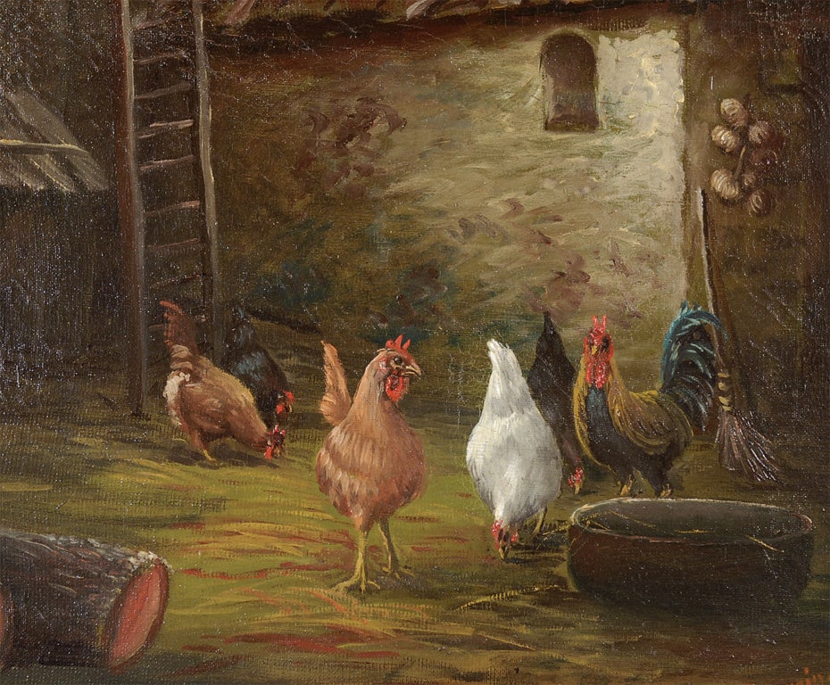 French 19th Century Bucolic Oil on Canvas Painting with Chickens and Roosters 4