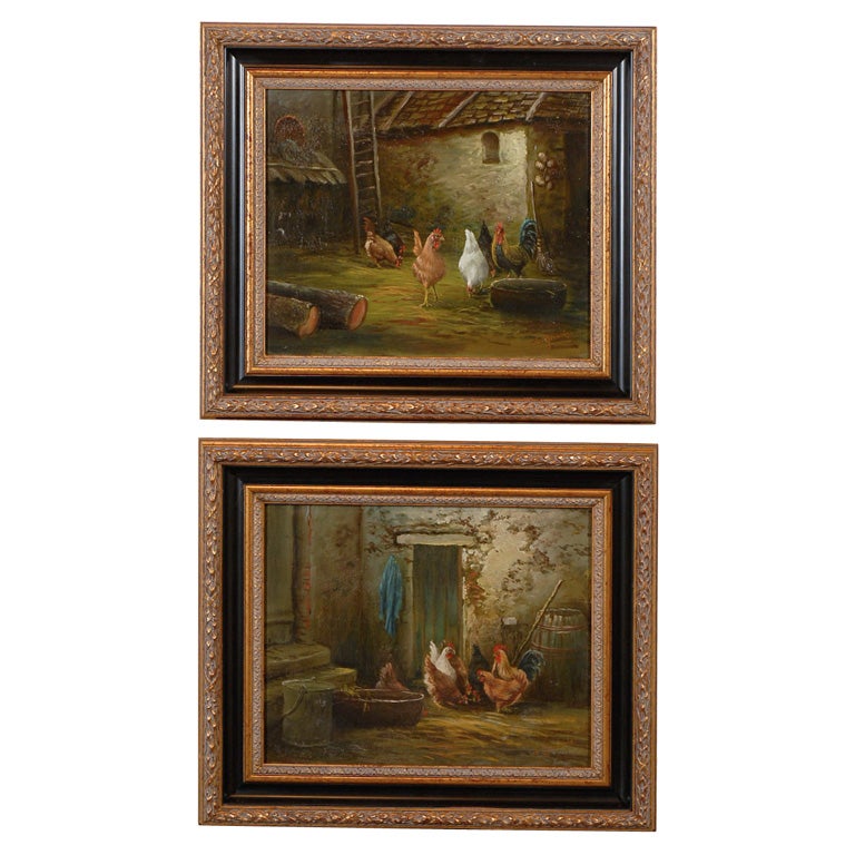 French 19th Century Bucolic Oil on Canvas Painting with Chickens and Roosters
