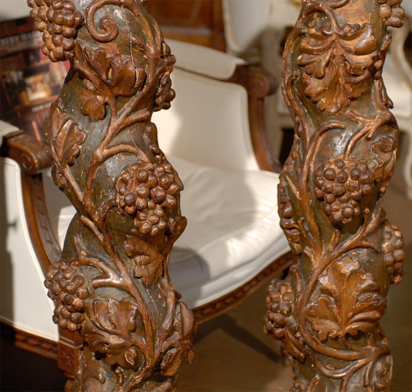Hand-Carved Pair of 18th Century French Baroque Style Carved and Painted Solomonic Columns