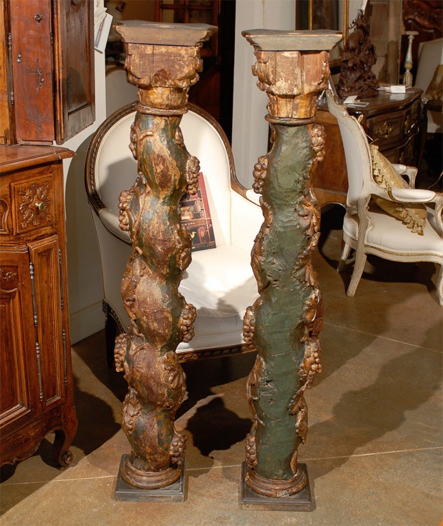 Pair of 18th Century French Baroque Style Carved and Painted Solomonic Columns 2