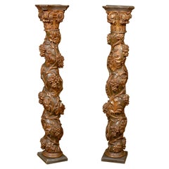 Pair of 18th Century French Baroque Style Carved and Painted Solomonic Columns
