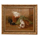 19th Century French Oil on Canvas Painting of Kittens Playing