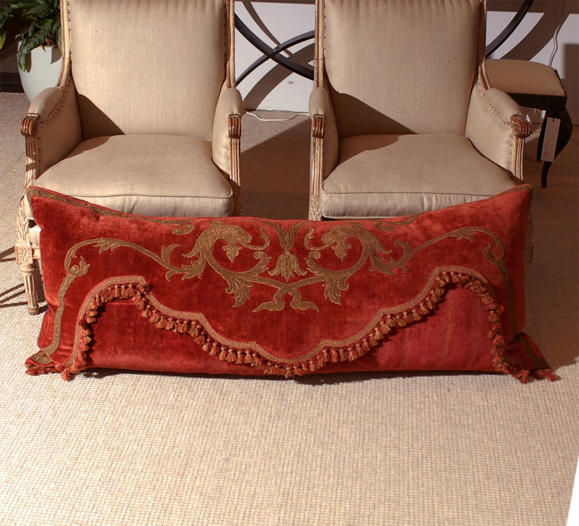 Large Linen Velvet Down filled cushion with Metal thread embroidery and original tassel trim. Originally a 19th century valance. New linen fabric on back.