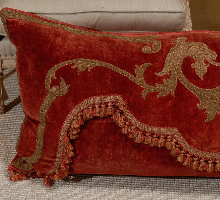 French Extra Large Cushion of Linen Velvet with Metal Thread Embroidery