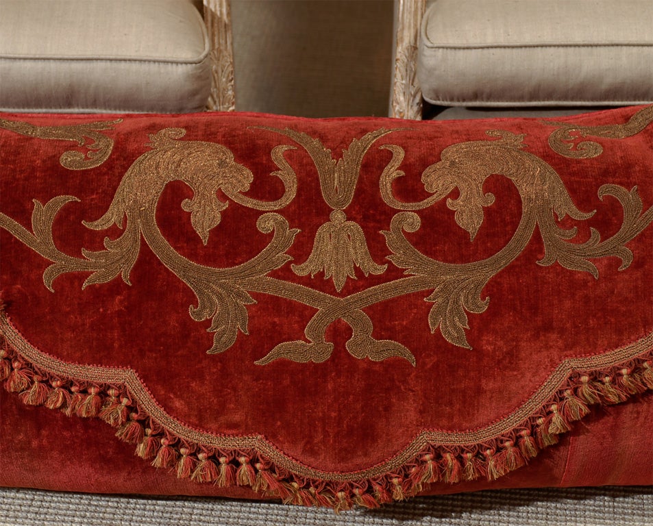 19th Century Extra Large Cushion of Linen Velvet with Metal Thread Embroidery