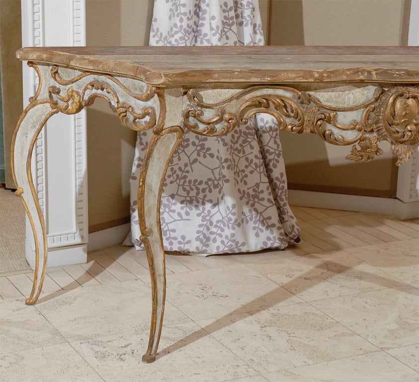 Italian Rococo Painted and Parcel Gilt Console Table For Sale