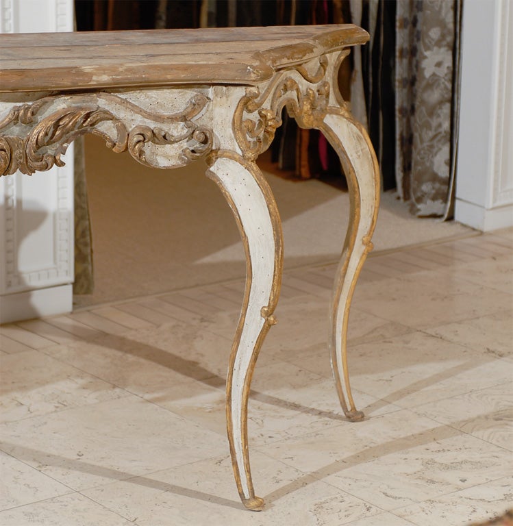 18th Century and Earlier Rococo Painted and Parcel Gilt Console Table For Sale