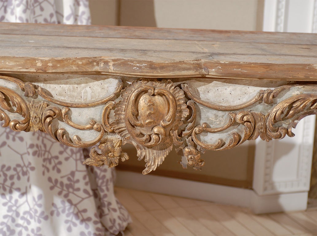 Giltwood Rococo Painted and Parcel Gilt Console Table For Sale