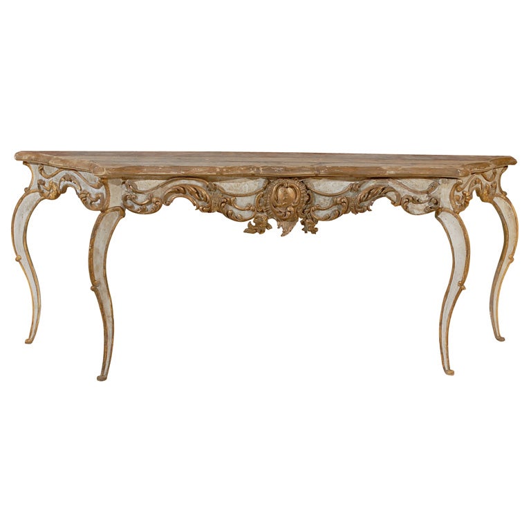 Rococo Painted and Parcel Gilt Console Table For Sale