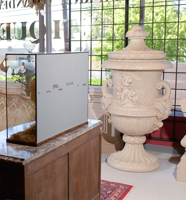 Pair of fabulous and substantial decorative urns with lids.
Dimensions: Height  70