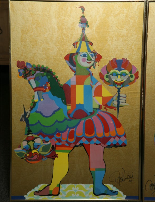 .SOLD DECEMBER 2010...Exciting and vibrant Carnival themed Jester prints by Bjorn Wiinblad, signed in the print.  Over twenty colors, these images are alive!  Soft metallic gold background with layers of colors.  So Wiinblad!  Period gold tone metal
