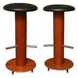 FOUR Mod Teak & Leather Bar Stools FOUR