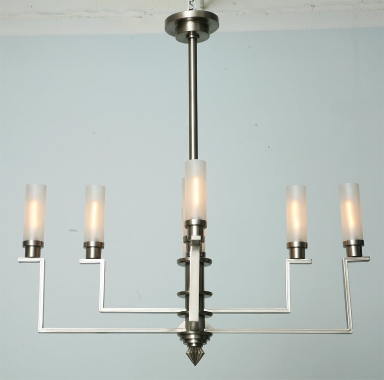 Fine French Art Deco Hand-Cut Steel and Glass Eight-Arm Chandelier, Jean Perzel In Excellent Condition For Sale In Hollywood, FL