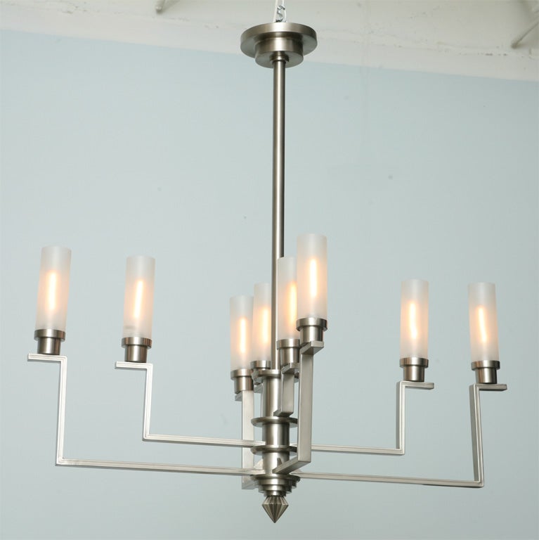 Mid-20th Century Fine French Art Deco Hand-Cut Steel and Glass Eight-Arm Chandelier, Jean Perzel For Sale