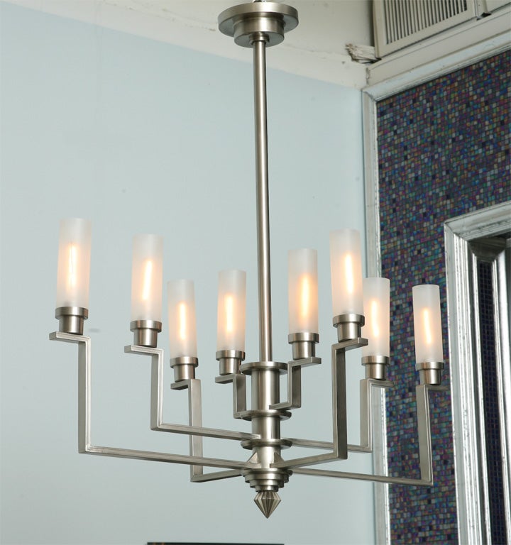 Fine French Art Deco Hand-Cut Steel and Glass Eight-Arm Chandelier, Jean Perzel For Sale 1