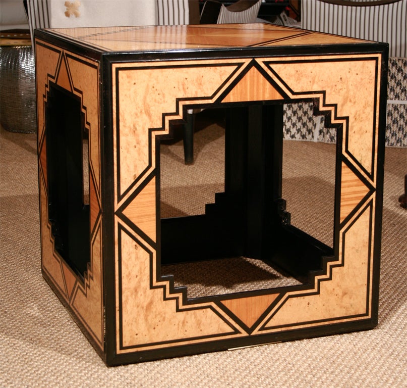 A Wonderful Pair of 20th Century Burled Ash, Satinwood, and Ebony Cube Tables with Geometric Design by Renzo Mongiardino