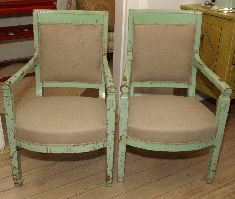 Pale Green painted Directoire style fauteuils, upholstered in a light linen fabric