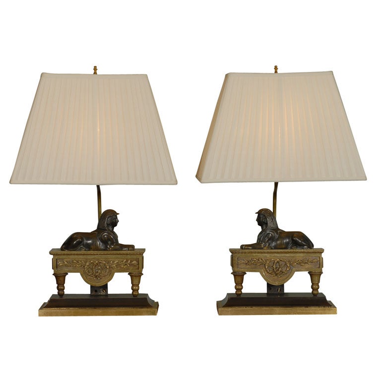 Pair of Period Empire Bronze Chenets as Lamps For Sale
