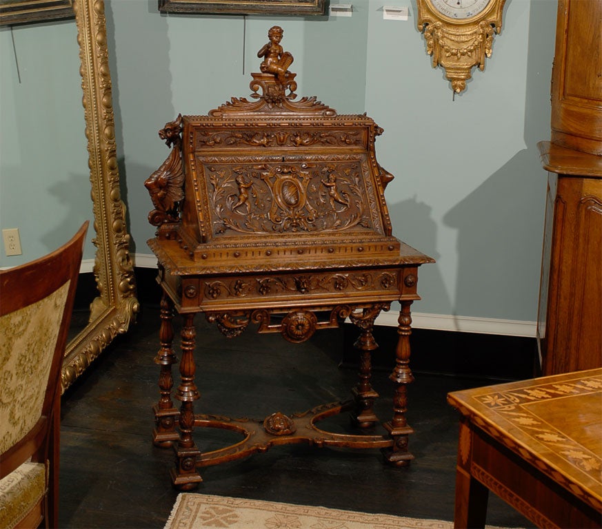 19th Century, French, Walnut, Renaissance Revival Secretaire