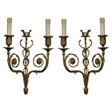 Pair of 19th Century Double-Arm Bronze Sconces with Helmets