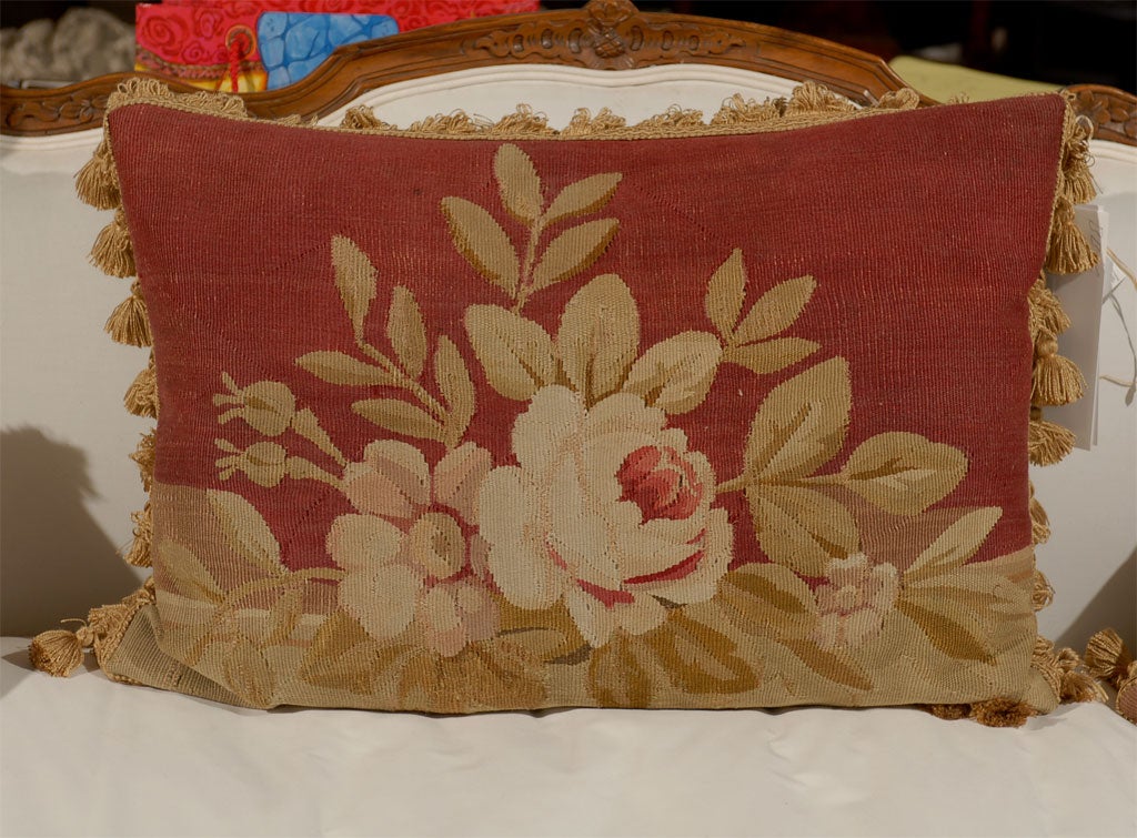 Hand-Crafted Pillows Made from 19th Century Antique French Aubusson 'Gold, Red, Beige' For Sale